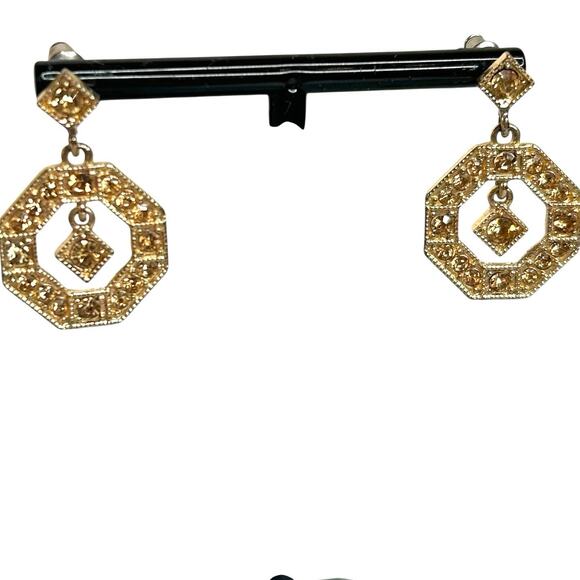 Vintage Monet Gold Tone Rhinestones Dangle Earrings Hard to Find Earrings - Picture 3 of 7